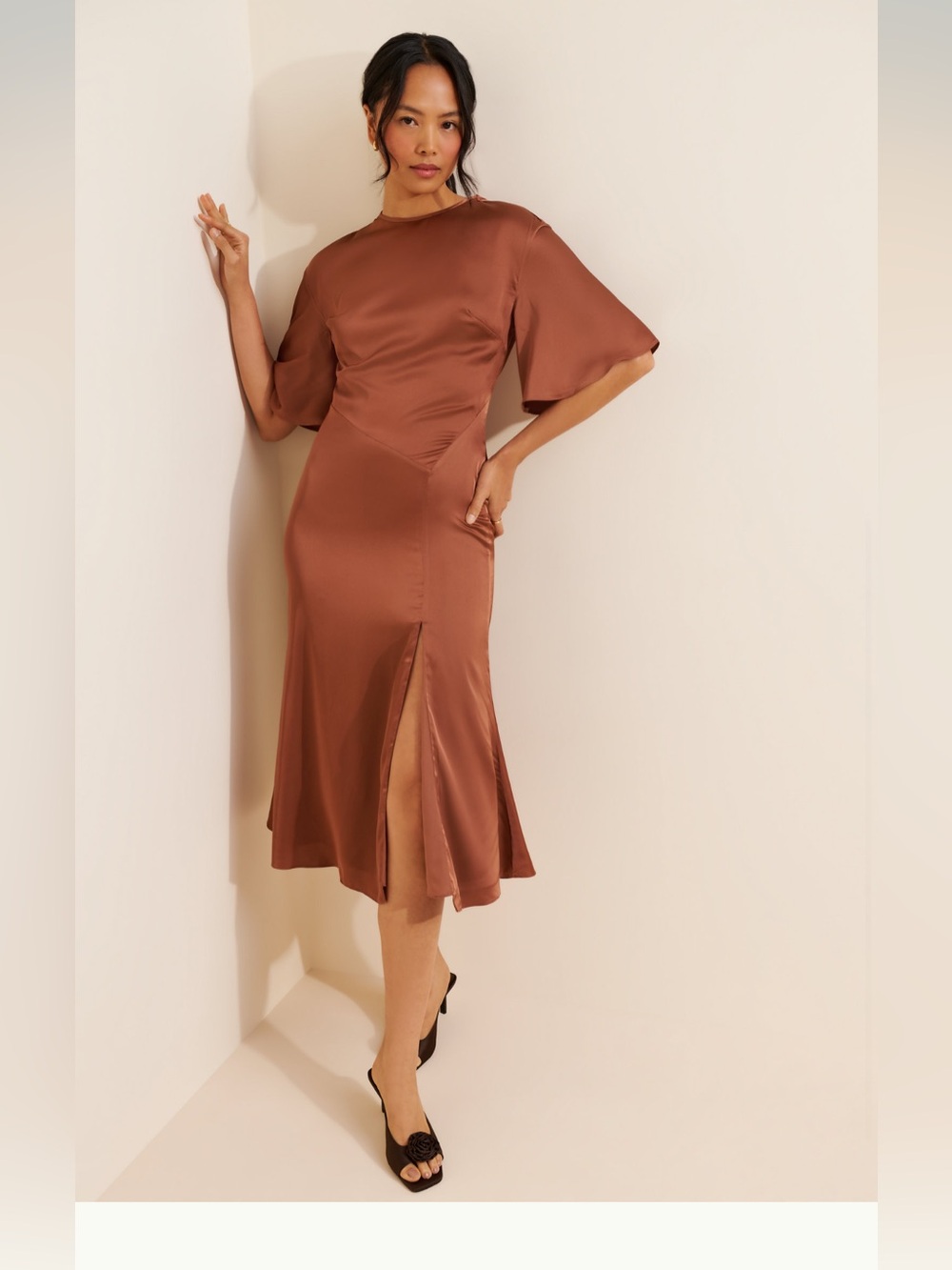 BHLDN Copper-Brown Satin Midi Dress with Flared Sleeves